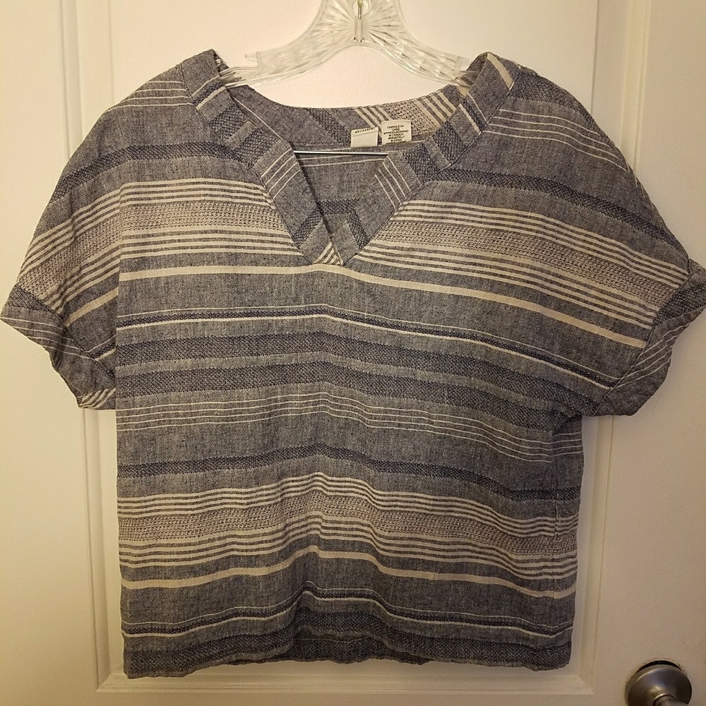Nordstrom Blue Grey Striped Linen V Neck S